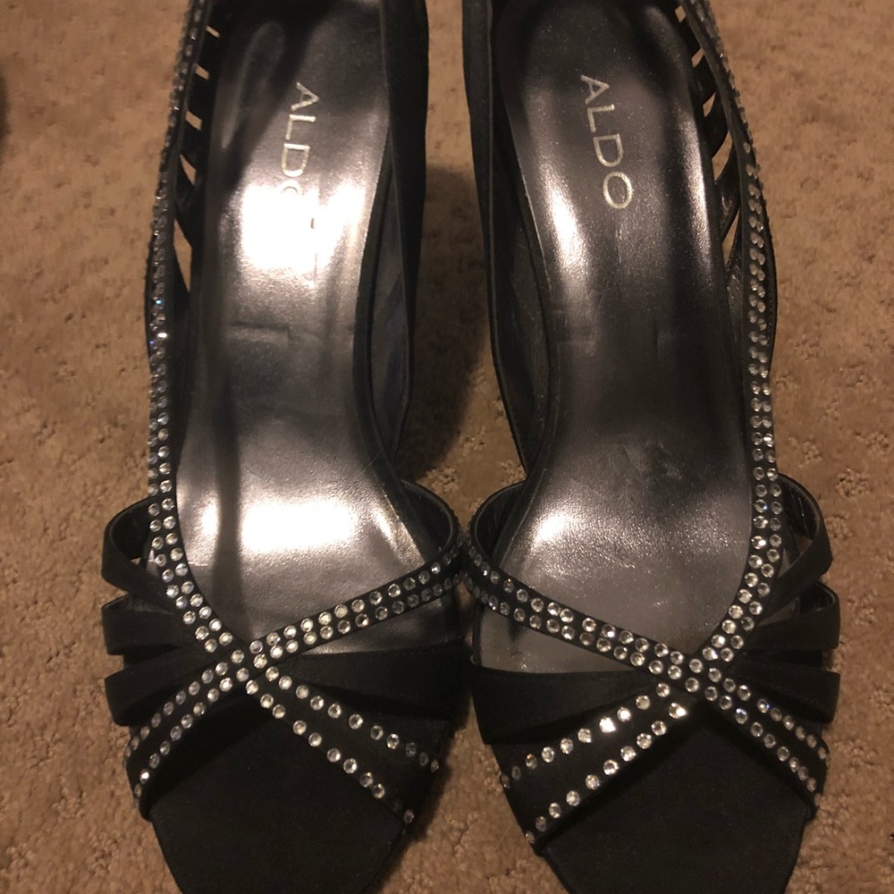 Aldo black satin heel (low) with rhinestone detail